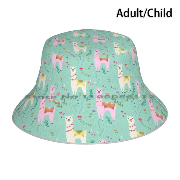 White and Pink Llama Pattern Bucket Hat Whimsical Teal Blue Florals