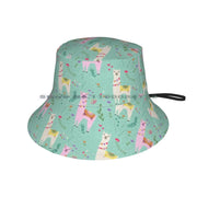 White and Pink Llama Pattern Bucket Hat Whimsical Teal Blue Florals